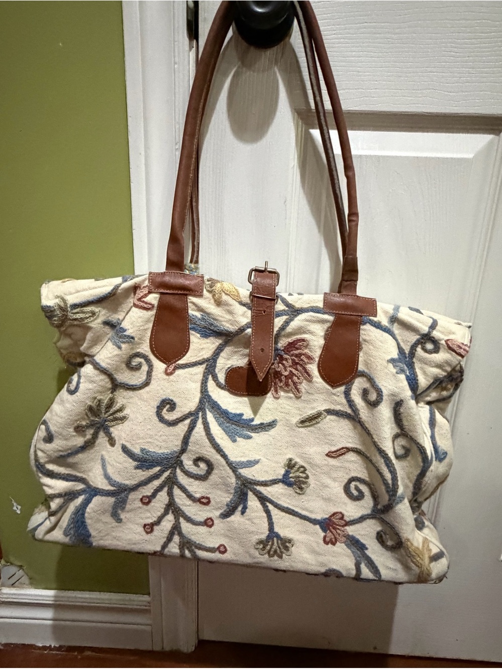 Past Times Large Crewel Embroidered Floral Tote Weekender Bag Leather Trim